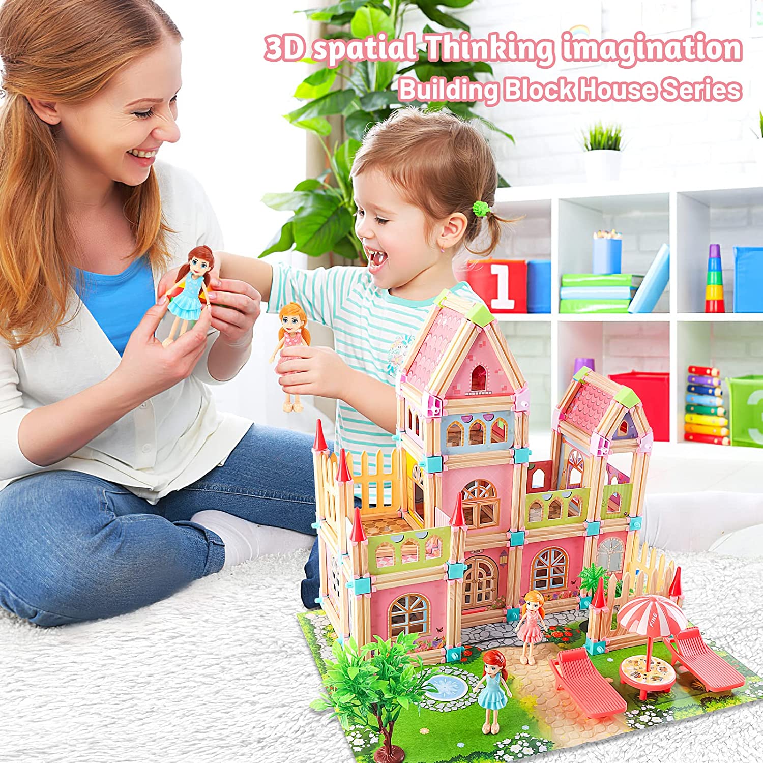 Kids Dollhouse DIY Building Block House Pretend Play Castle Dolls House Playset with Map & Dolls Accessories, Princess Dream House