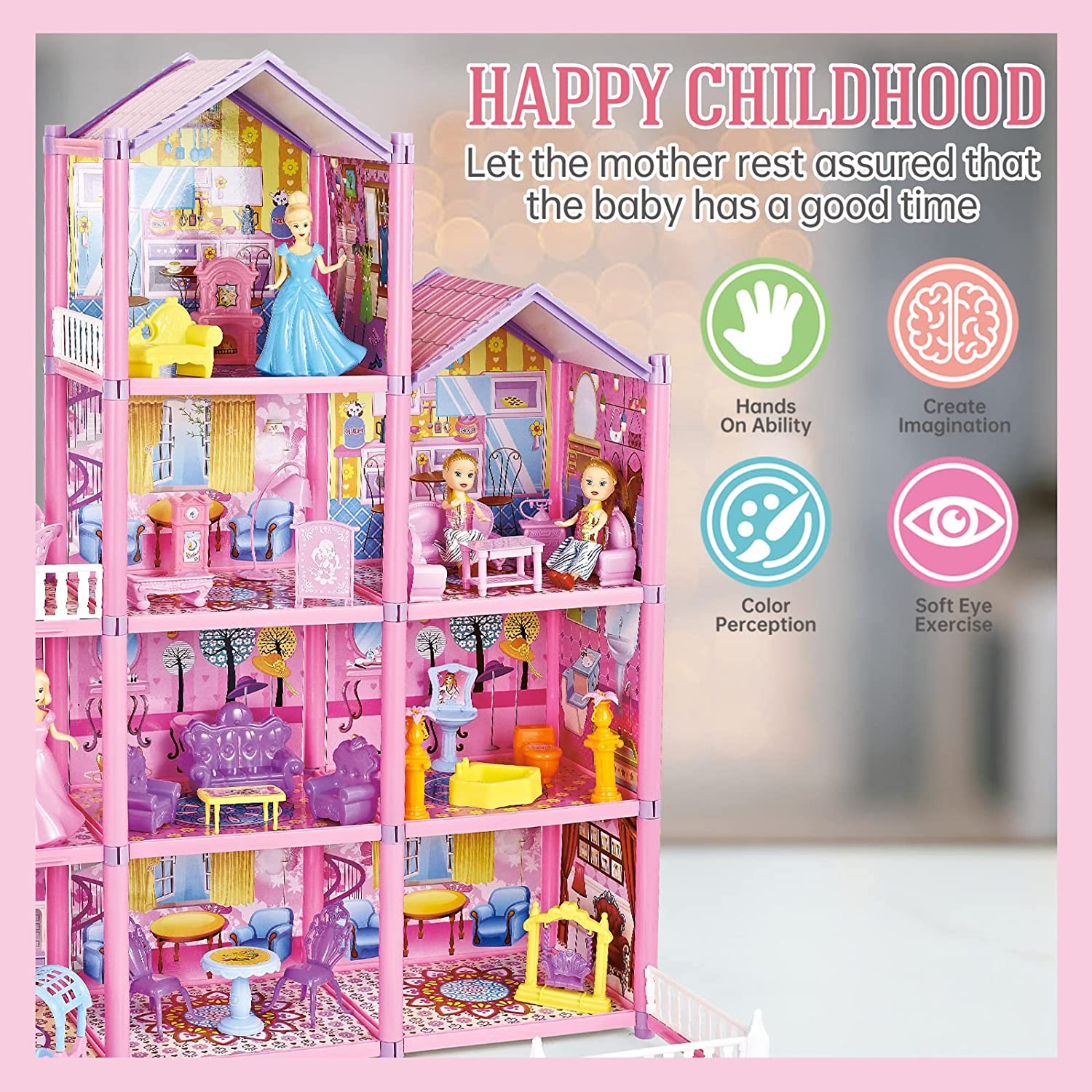 Princess My first Dolls House Kids Pink Grand Four Story Castle Dolls House Playset With Furniture Outdoor Space Open Sided For Girls