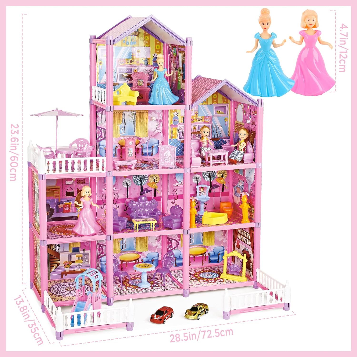 Princess My first Dolls House Kids Pink Grand Four Story Castle Dolls House Playset With Furniture Outdoor Space Open Sided For Girls