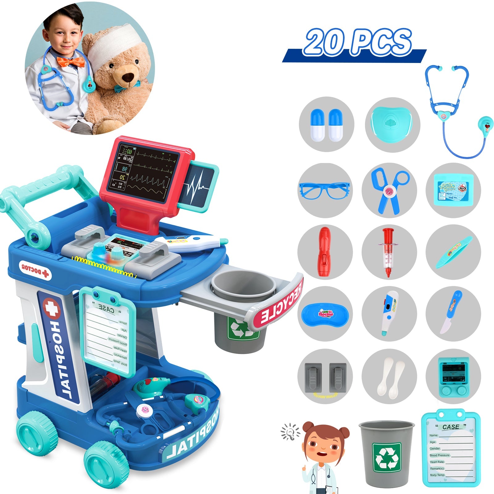 20 PCS Educational Pretend Medical Station Set, Portable Doctor Kit Role Play Set with Deluxe Accessories for Birthdays Christmas