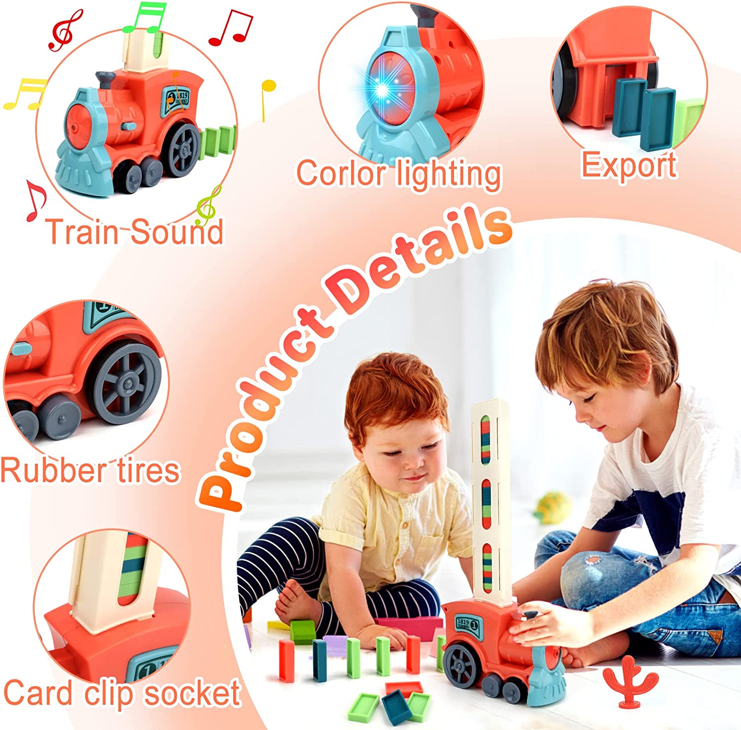 Automatic Domino Laying Electric Train Toy Set with 60Pcs Domino Blocks Sound and Light Kids Stacking Toys Domino Game for Kids (Pink)