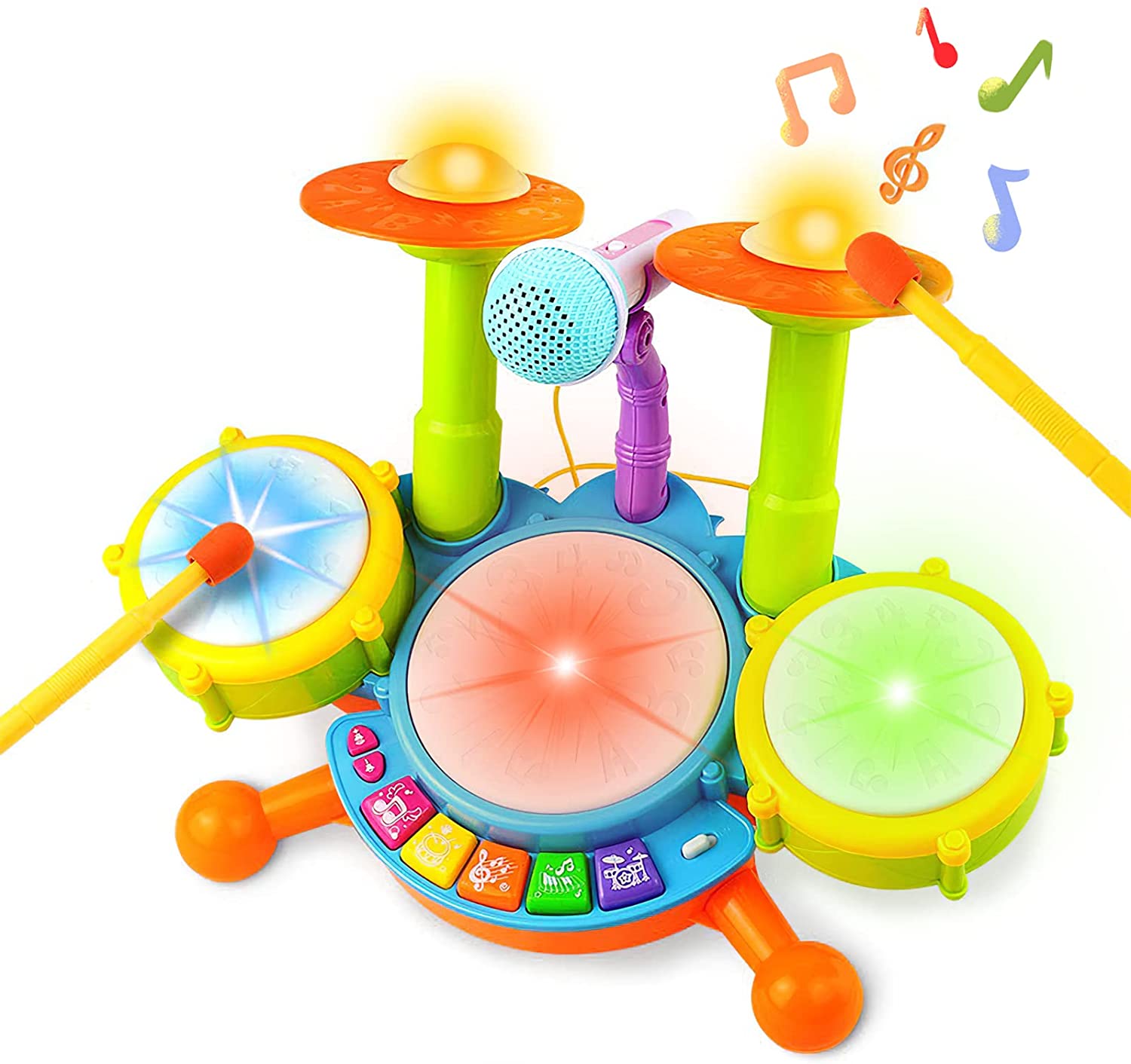 Beginners Musical Table Top Drum Kit Play Set with Drum Sticks, Microphone Light Features Interactive Music and Sounds for Kids