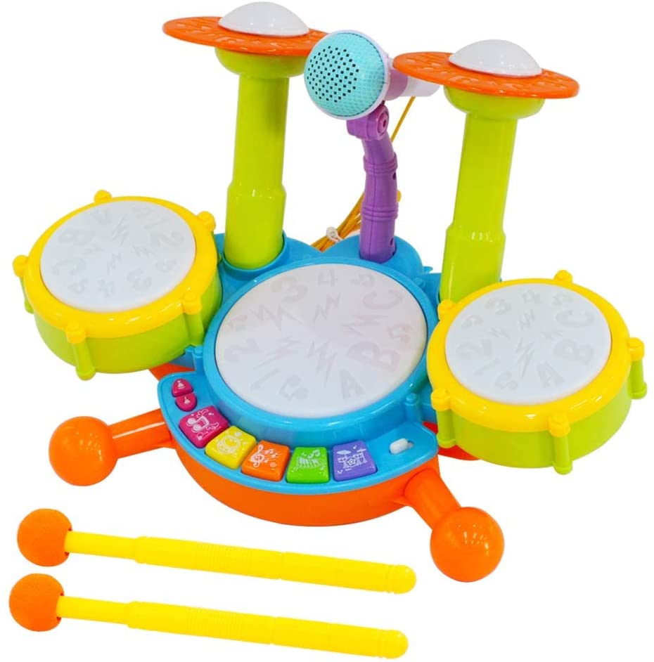 Beginners Musical Table Top Drum Kit Play Set with Drum Sticks, Microphone Light Features Interactive Music and Sounds for Kids