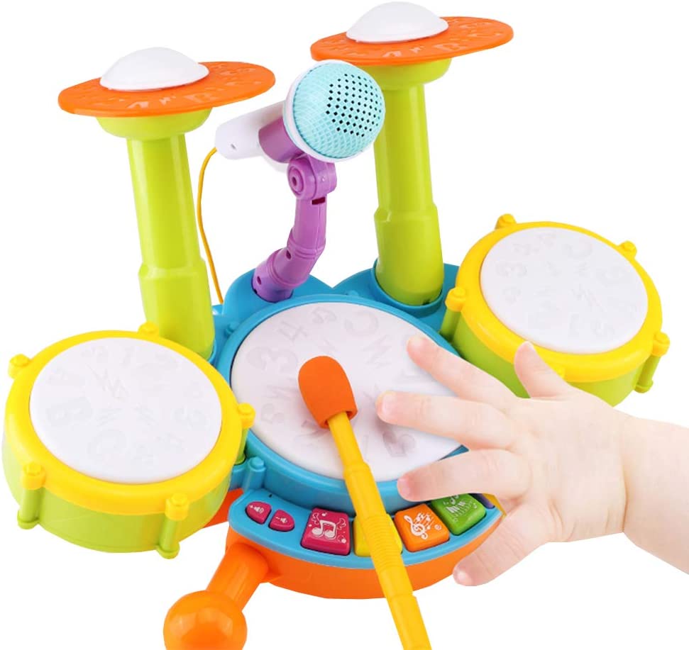 Beginners Musical Table Top Drum Kit Play Set with Drum Sticks, Microphone Light Features Interactive Music and Sounds for Kids