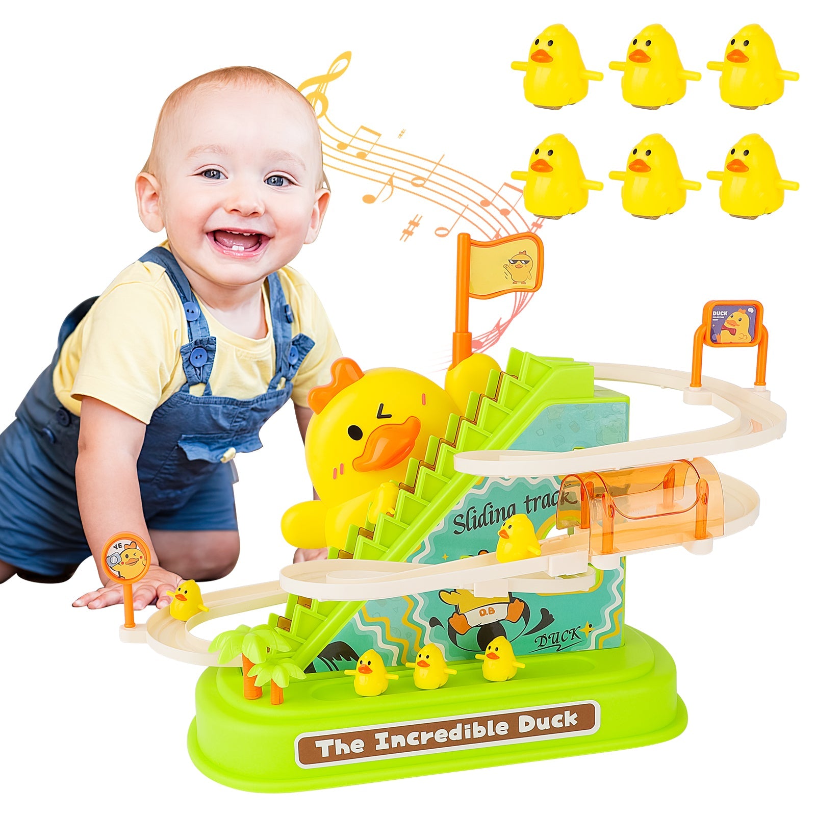 Electric Ducks Chasing Race Track Game Set Small Ducks Climbing Toys Roller Coaster Toy Fun Stair Climbing Toy with Lights & Music for Kids