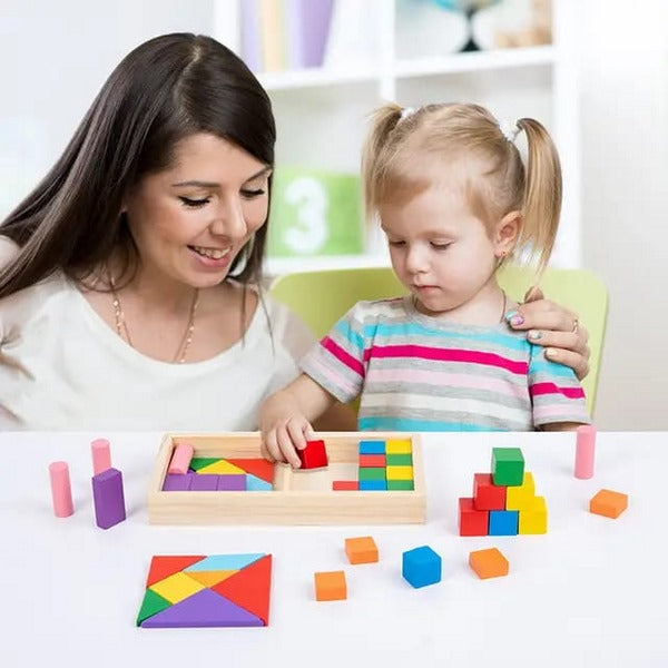 Wooden Shape and Building Block Set | Tangram Pieces & Creative Construction Toy