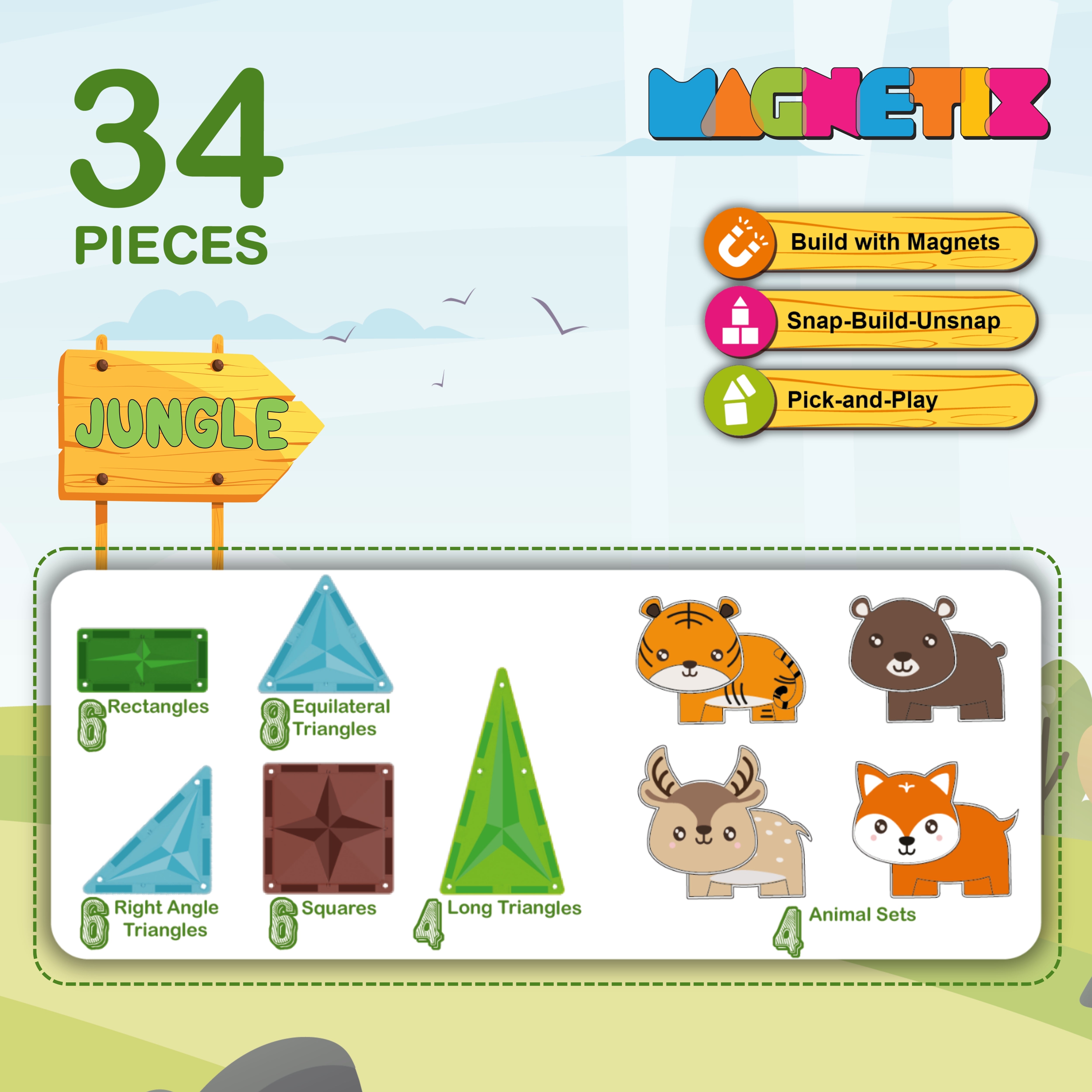 Magnetix Construction Set Jungle Theme 34 Pieces - EKT3654