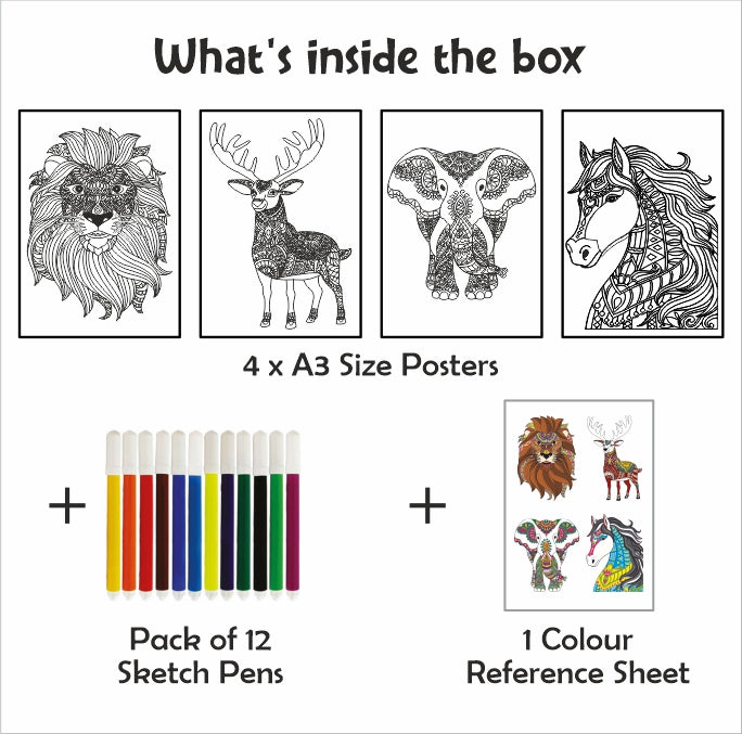 Doodle Coloring Kit - 4 *A3 Size Posters - Animals - EKT3713