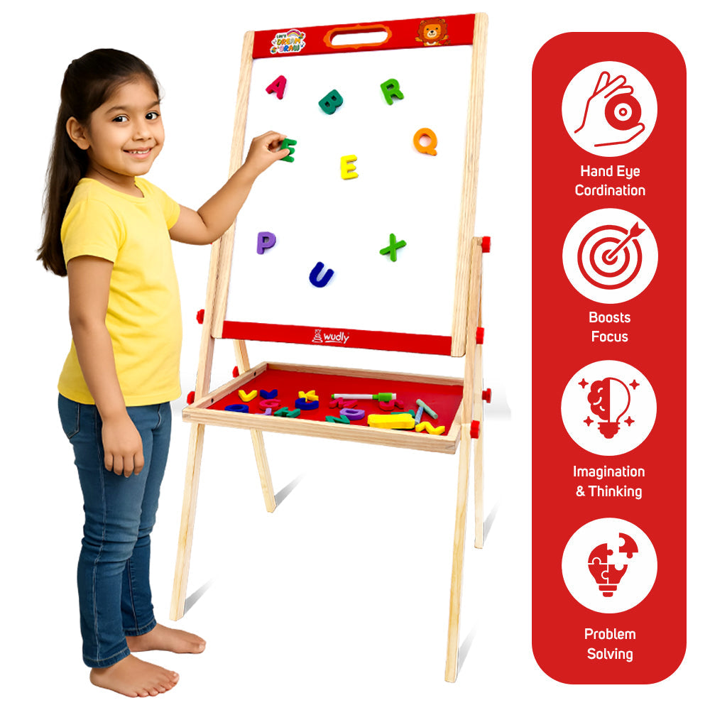 3-in-1 Wooden Easel Board for Kids | Black Surface, White Panel, Chalk Writing Display - EKT3824