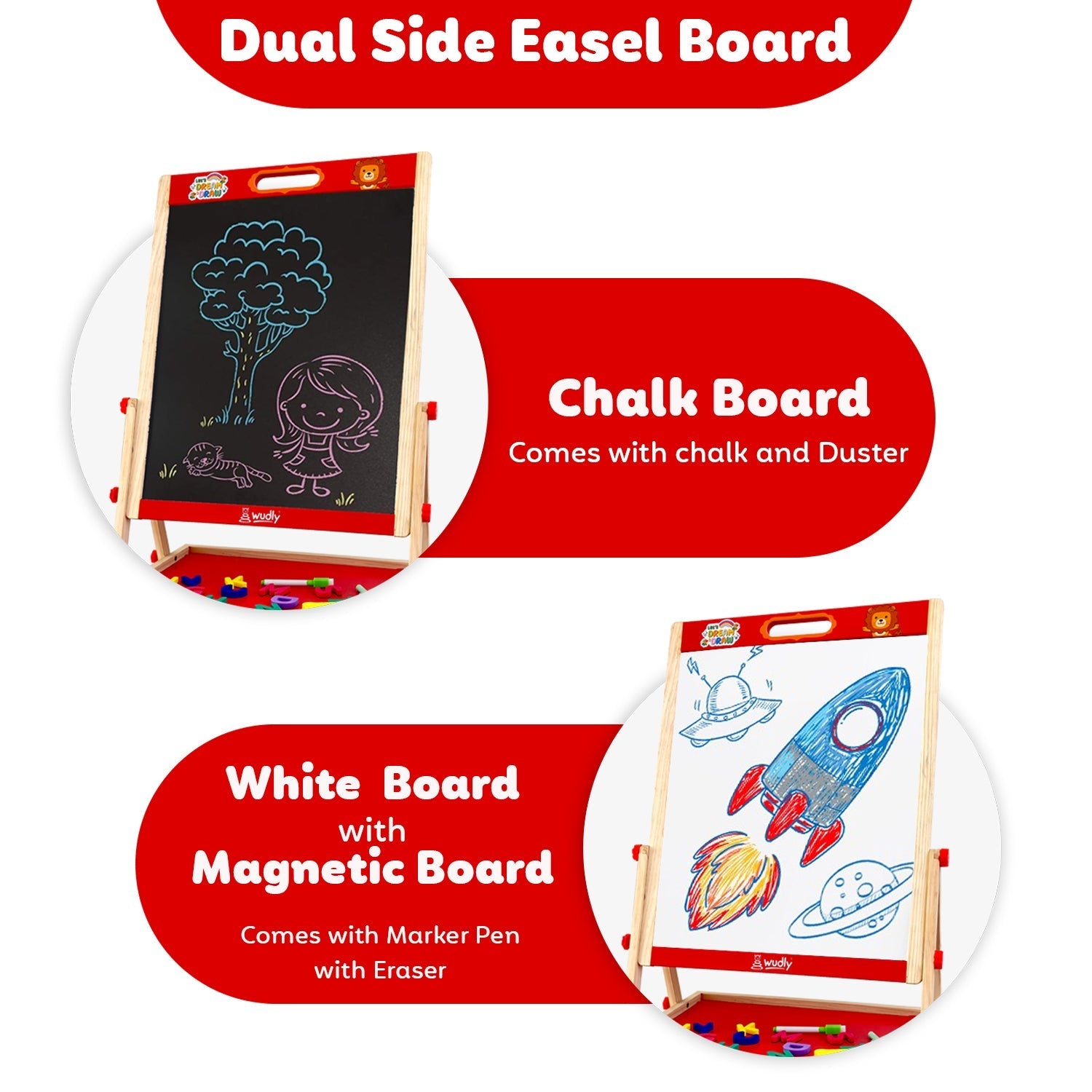 3-in-1 Wooden Easel Board for Kids | Black Surface, White Panel, Chalk Writing Display - EKT3824