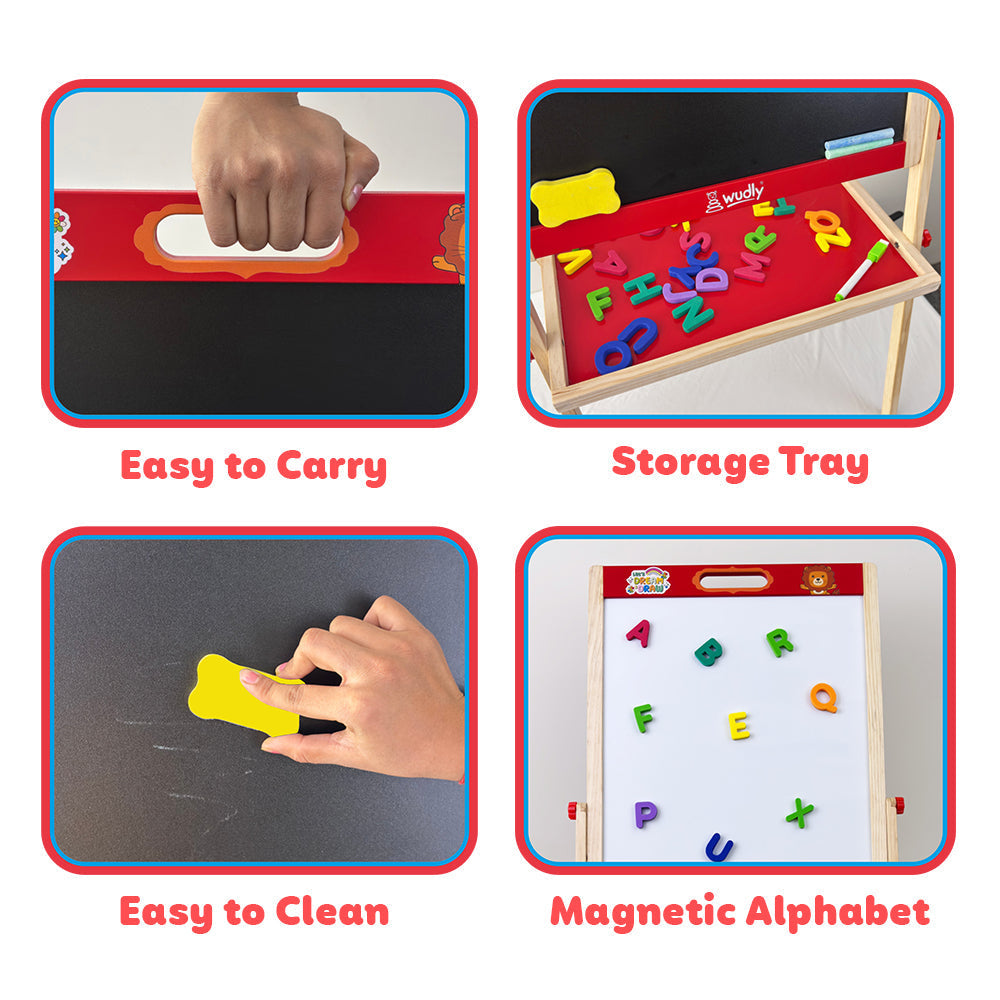 3-in-1 Wooden Easel Board for Kids | Black Surface, White Panel, Chalk Writing Display - EKT3824
