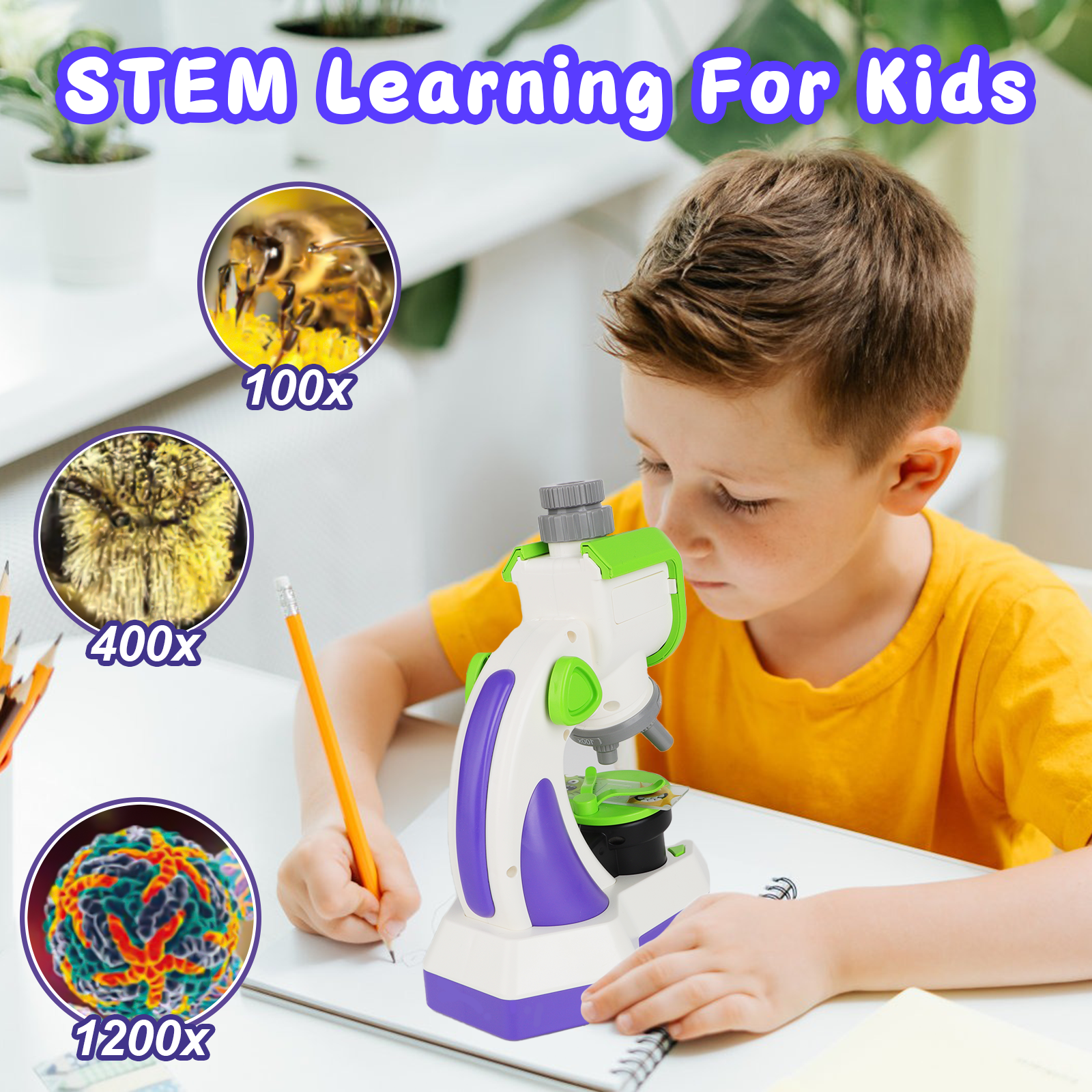 Kids Microscope 100x 400x 1200x Portable Microscope Kit with LED Light and Slide Beginner Educational Science Kit Study Educational Toys