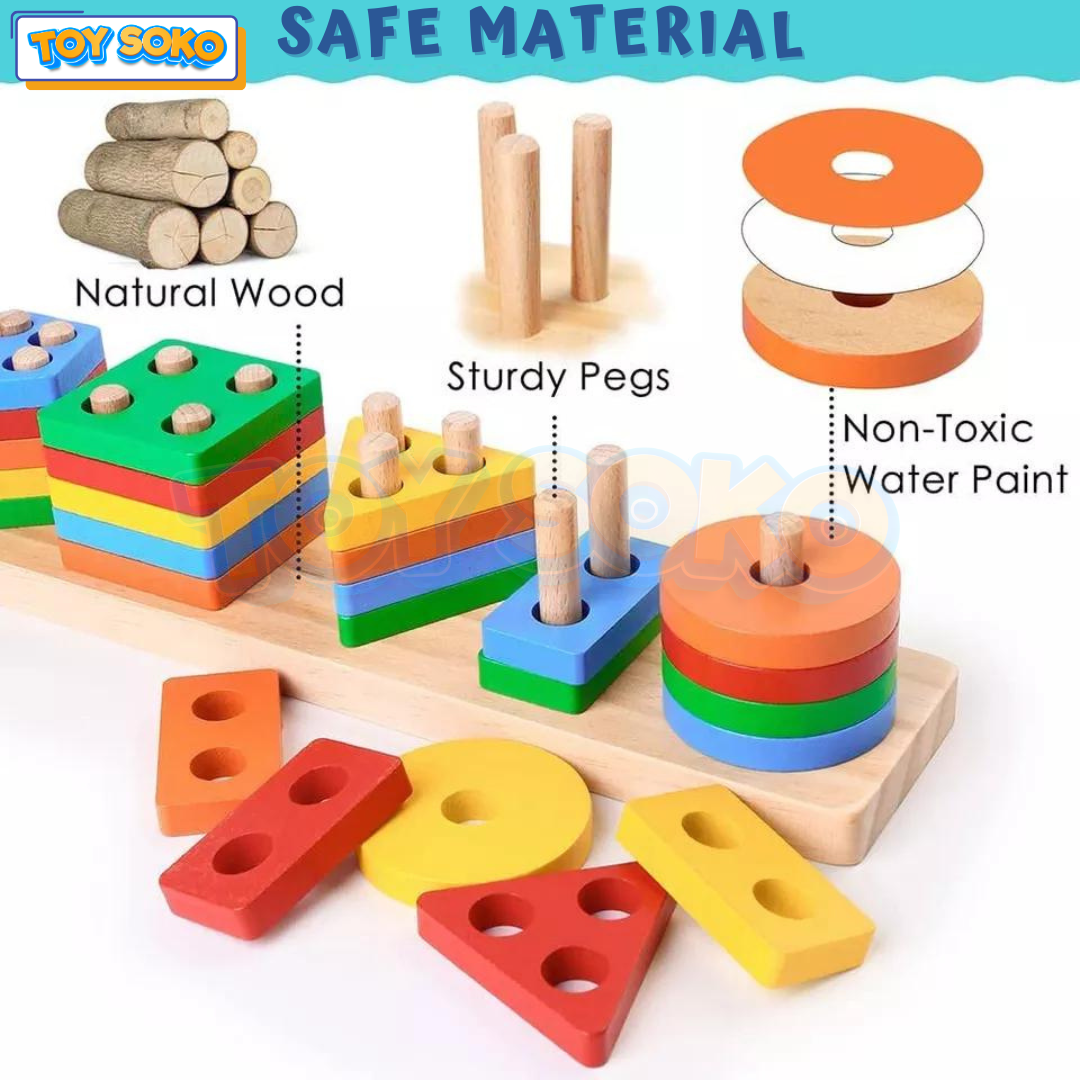 Montessori Wooden Shape Sorter Stacking – Infant Learning toys