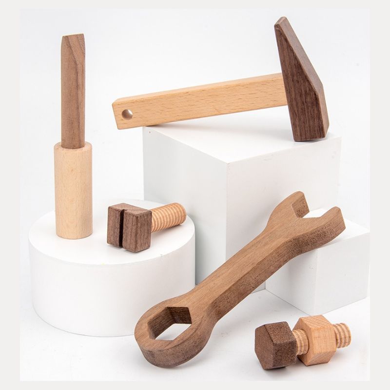 Juego de herramientas de madera Montessori para niños - Kit de construcción de juego de imitación con caja de almacenamiento