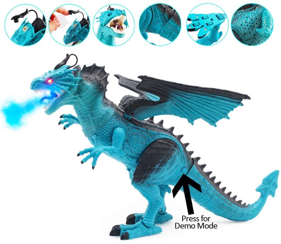 Remote Control Dinosaur Toy with Walking Simulated Roaring Fire Breathing Effect and Head-Shaking Functions for Kids 3 Mini Dino Figures