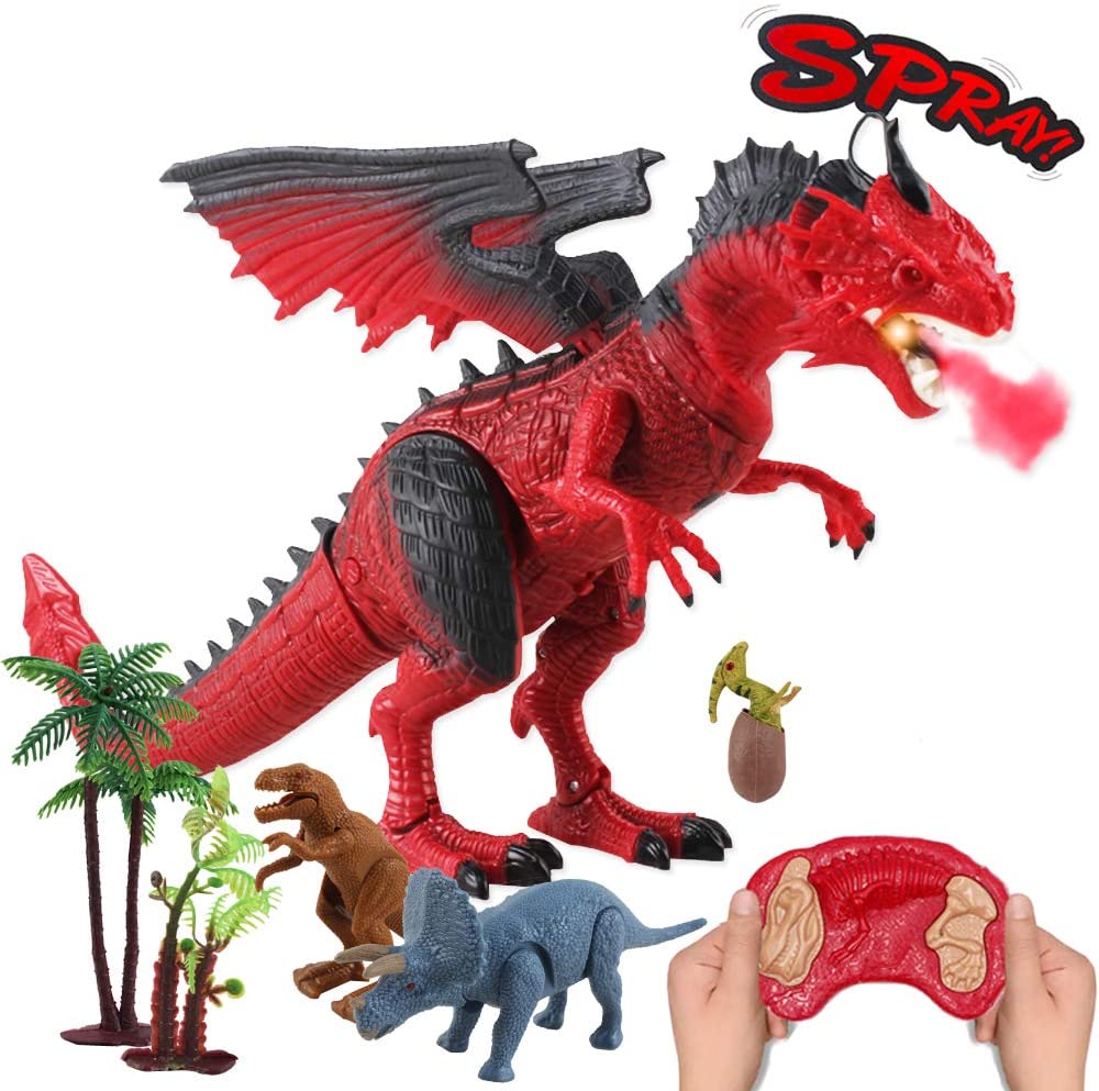 Remote Control Dinosaur Toy with Walking Simulated Roaring Fire Breathing Effect and Head-Shaking Functions for Kids 3 Mini Dino Figures Red
