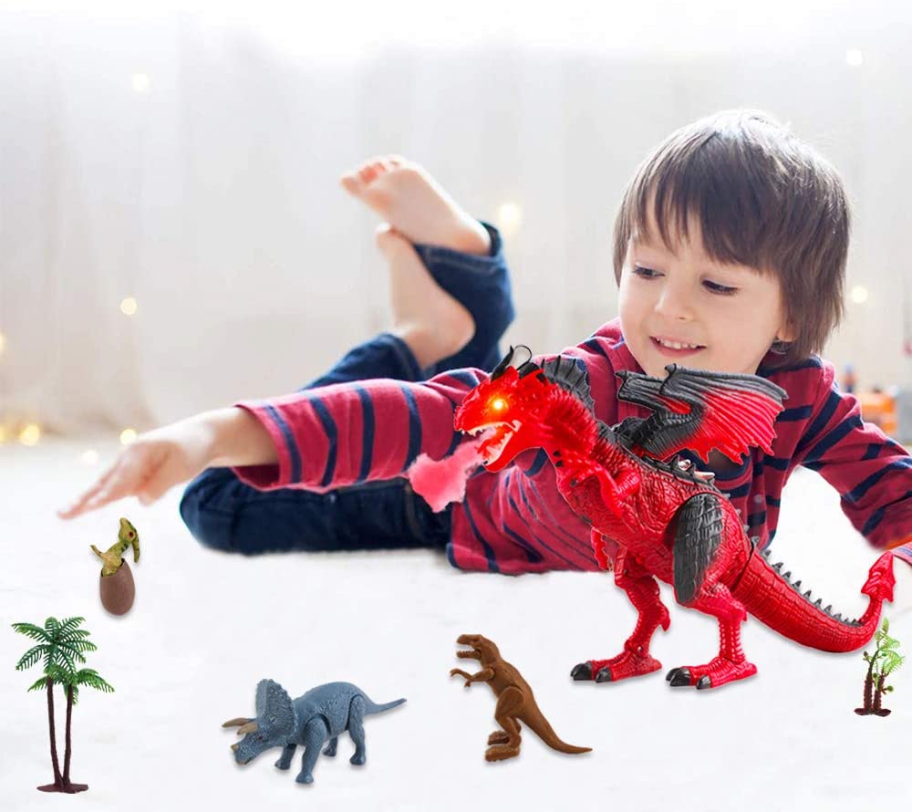 Remote Control Dinosaur Toy with Walking Simulated Roaring Fire Breathing Effect and Head-Shaking Functions for Kids 3 Mini Dino Figures Red
