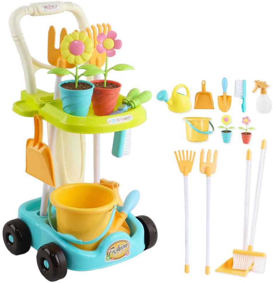 26 Pcs Gardening Tools and Trolley Play Set Rake Spade Watering Can Bucket Garden Fun Educational Toy Birthday Christmas Gift for Kids