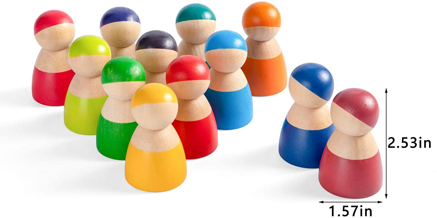 12 Piece Rainbow Wooden Peg People Set - Open Ended Wooden Toys