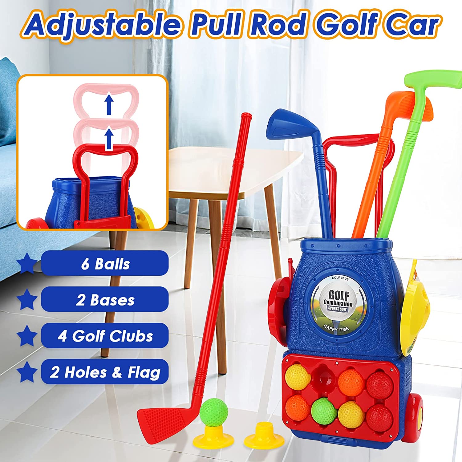 Kids Golf Suitcase Toy Set Outdoor Indoor Sports Toys with 6 Balls 4 Golf Clubs 2 Practice Holes Golf Clubs Set Garden Game for Kids