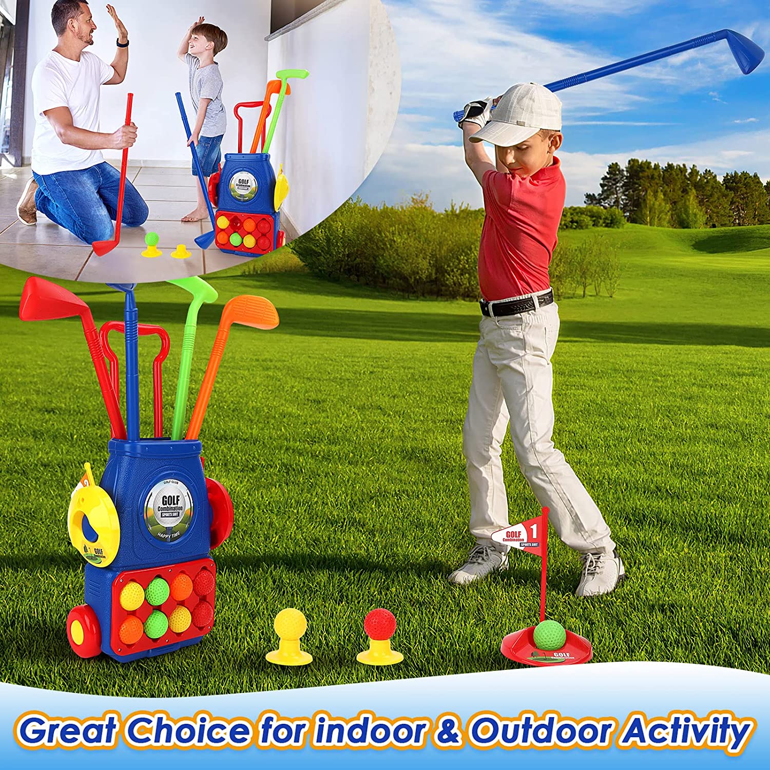 Kids Golf Suitcase Toy Set Outdoor Indoor Sports Toys with 6 Balls 4 Golf Clubs 2 Practice Holes Golf Clubs Set Garden Game for Kids