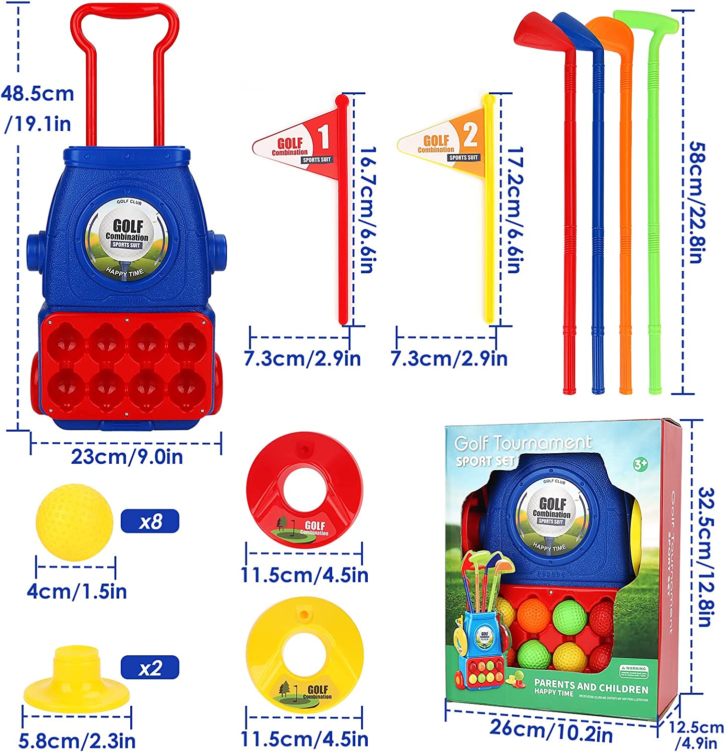 Kids Golf Suitcase Toy Set Outdoor Indoor Sports Toys with 6 Balls 4 Golf Clubs 2 Practice Holes Golf Clubs Set Garden Game for Kids
