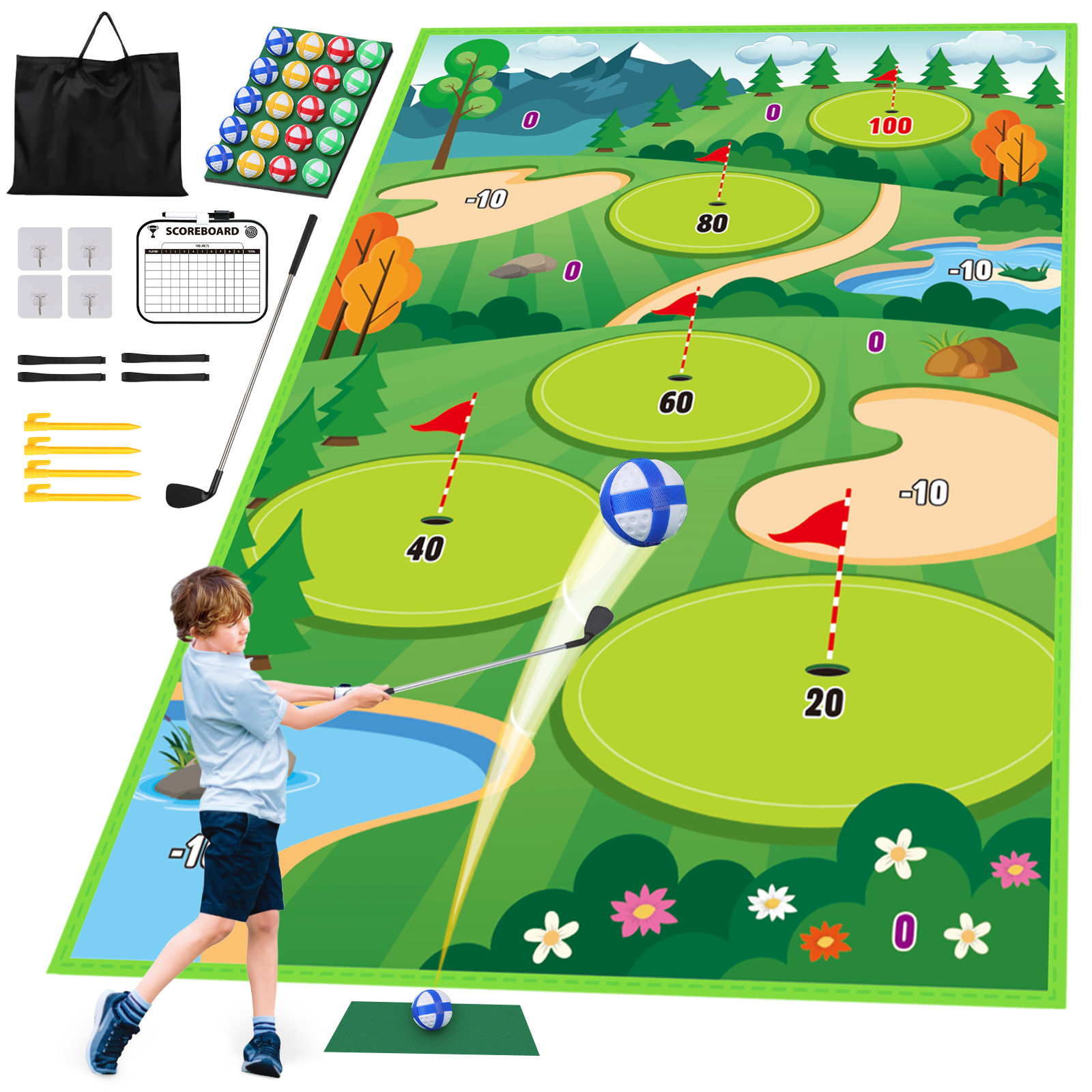 Outdoor Toy Golf Chipping Game Set with Golf Hitting Practice Mat for Kids