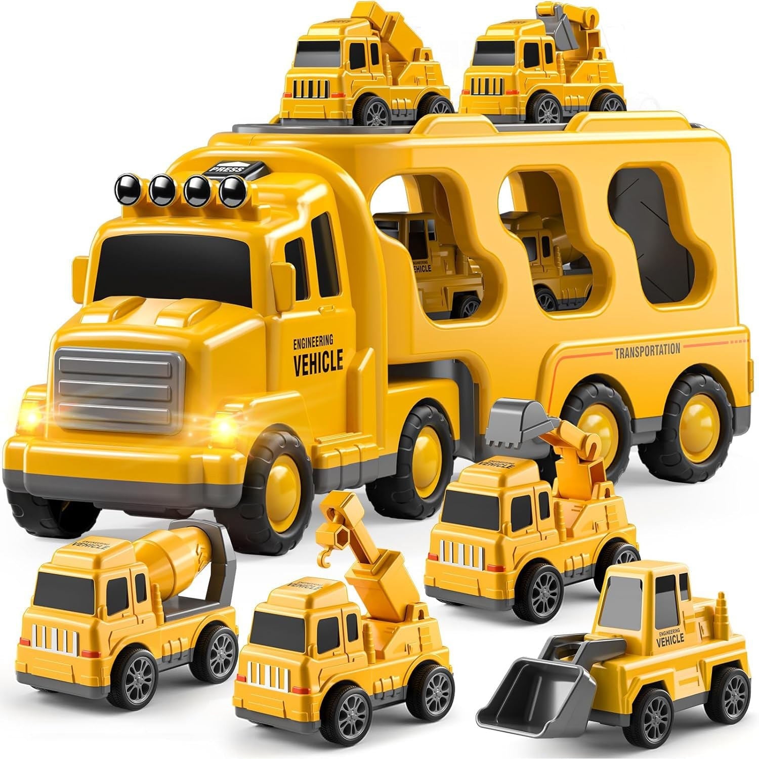 Fidtoy 5-in-1 Construction Truck Toy Set for Toddlers with Lights Sounds Excavator Bulldozer Crane