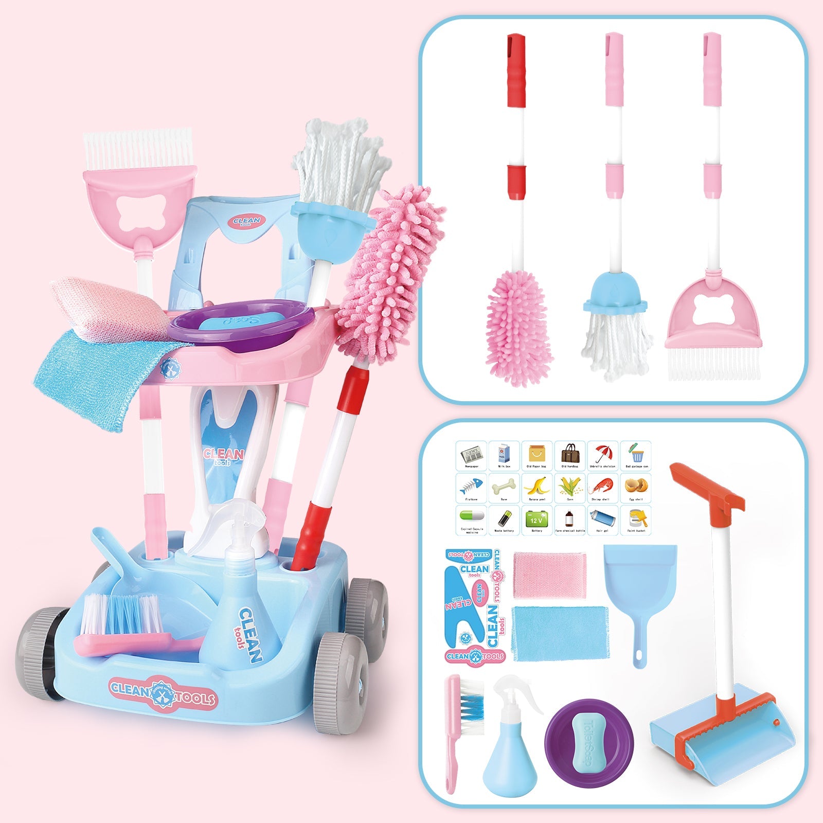 14 PCS Kids Housekeeping Cleaning Pretend Play Set House Cleaning Tools Toys Kids Broom and Mop Set for Ages 3+