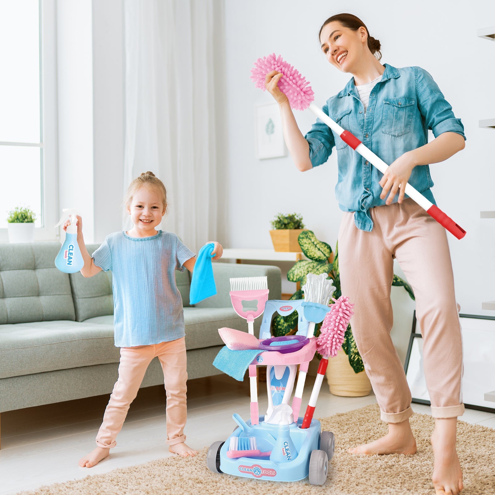 14 PCS Kids Housekeeping Cleaning Pretend Play Set House Cleaning Tools Toys Kids Broom and Mop Set for Ages 3+