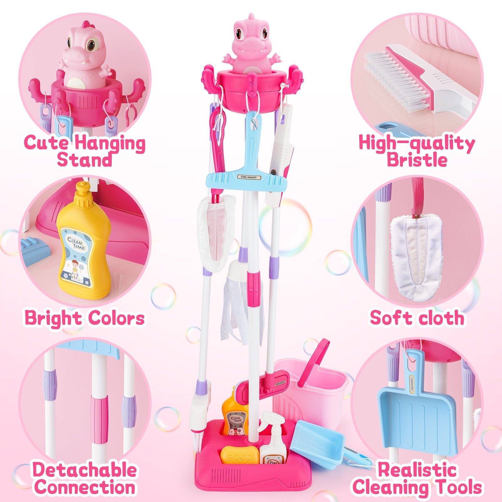 Household Cleaning Pretend Play Toy with Stand&Accessories Included 12 Pcs Toddlers Housekeeping Pretend Play Children Kit