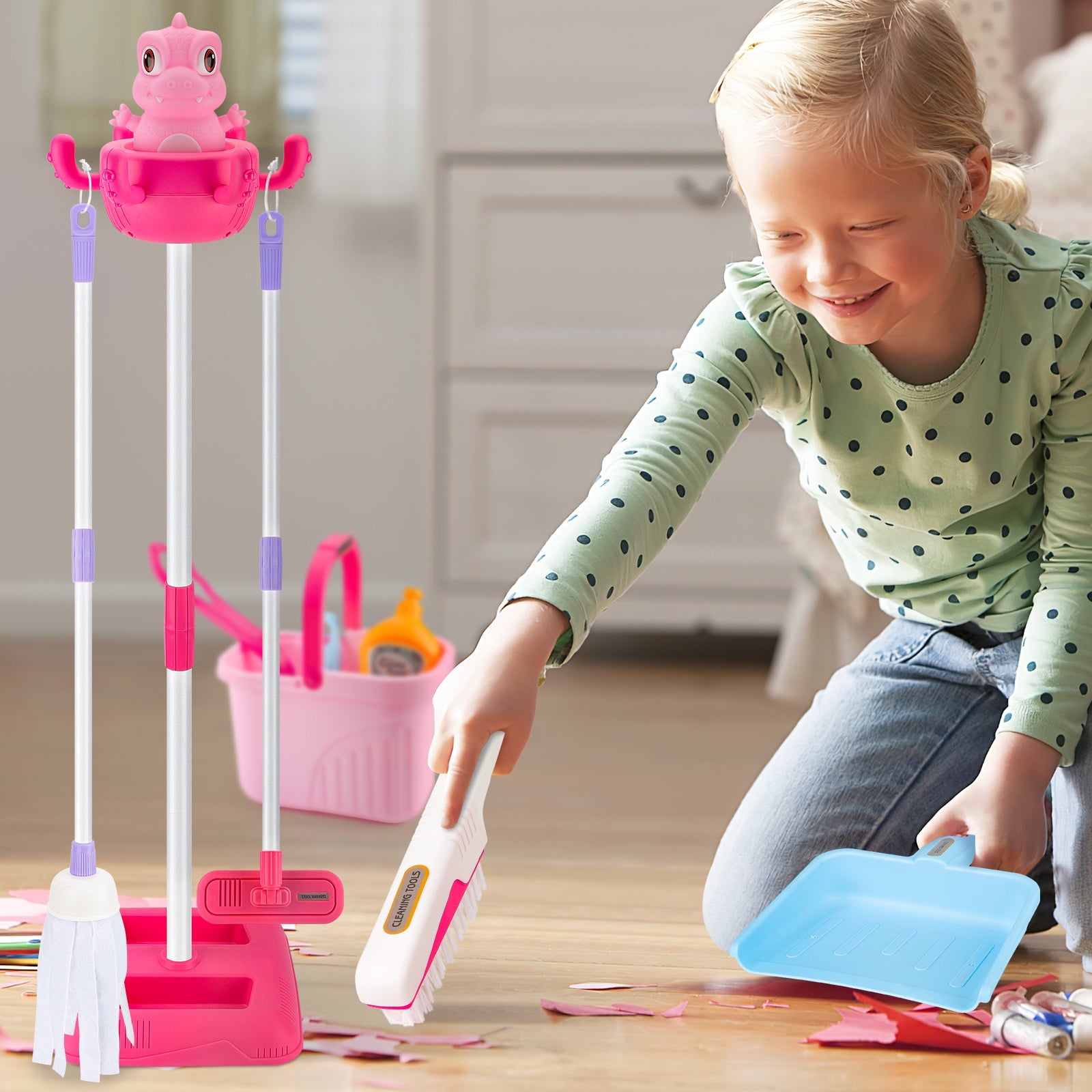 Household Cleaning Pretend Play Toy with Stand&Accessories Included 12 Pcs Toddlers Housekeeping Pretend Play Children Kit