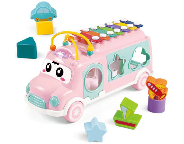Fidtoy Xylophone School Bus Toy – Musical Shape Sorter Pull Toy for Toddlers 2–6