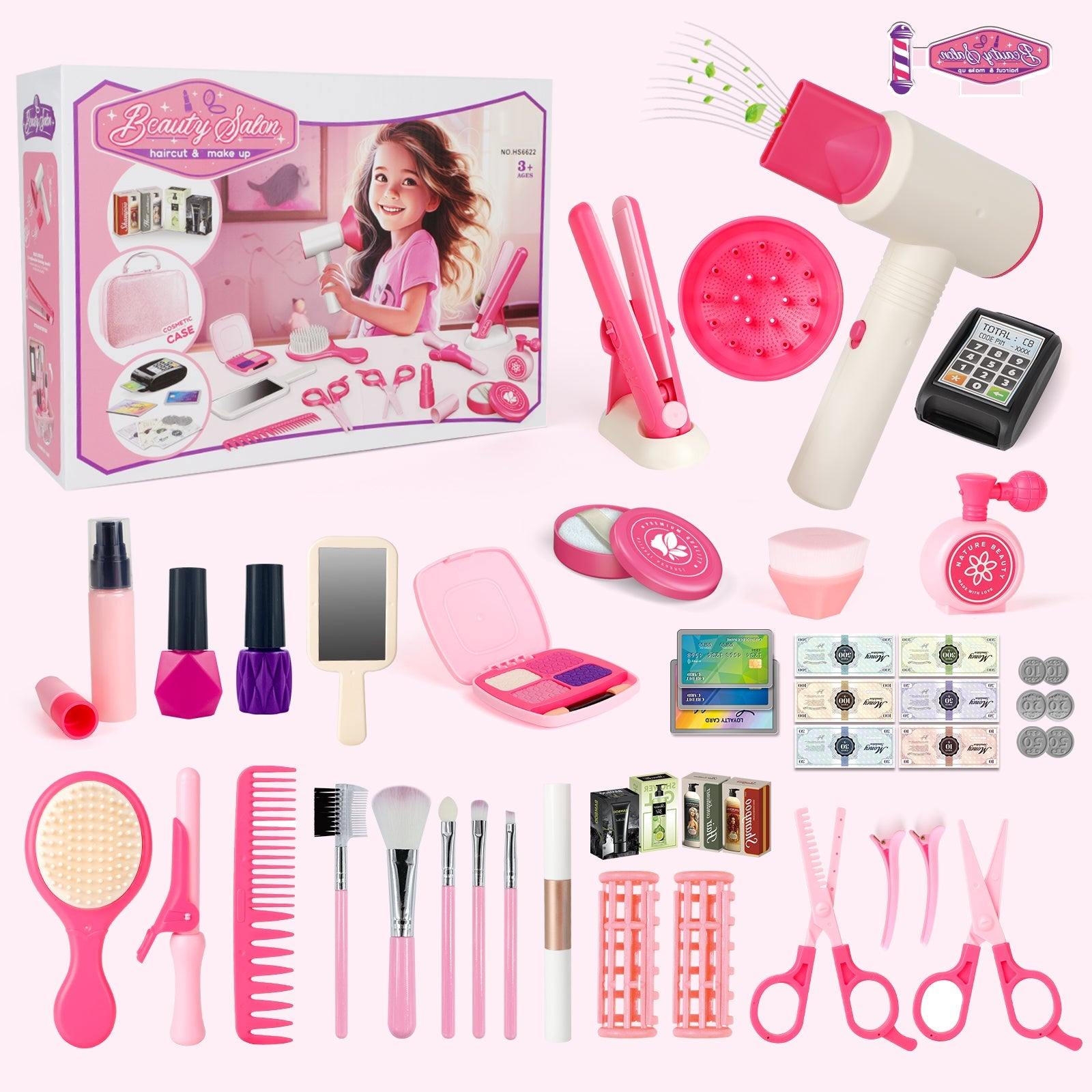 50Pcs Kids Makeup Set Girls Styling Beauty Fashion Kit Pretend Hairdressing Salon Toy Set Makeup Accessories Playset For Children
