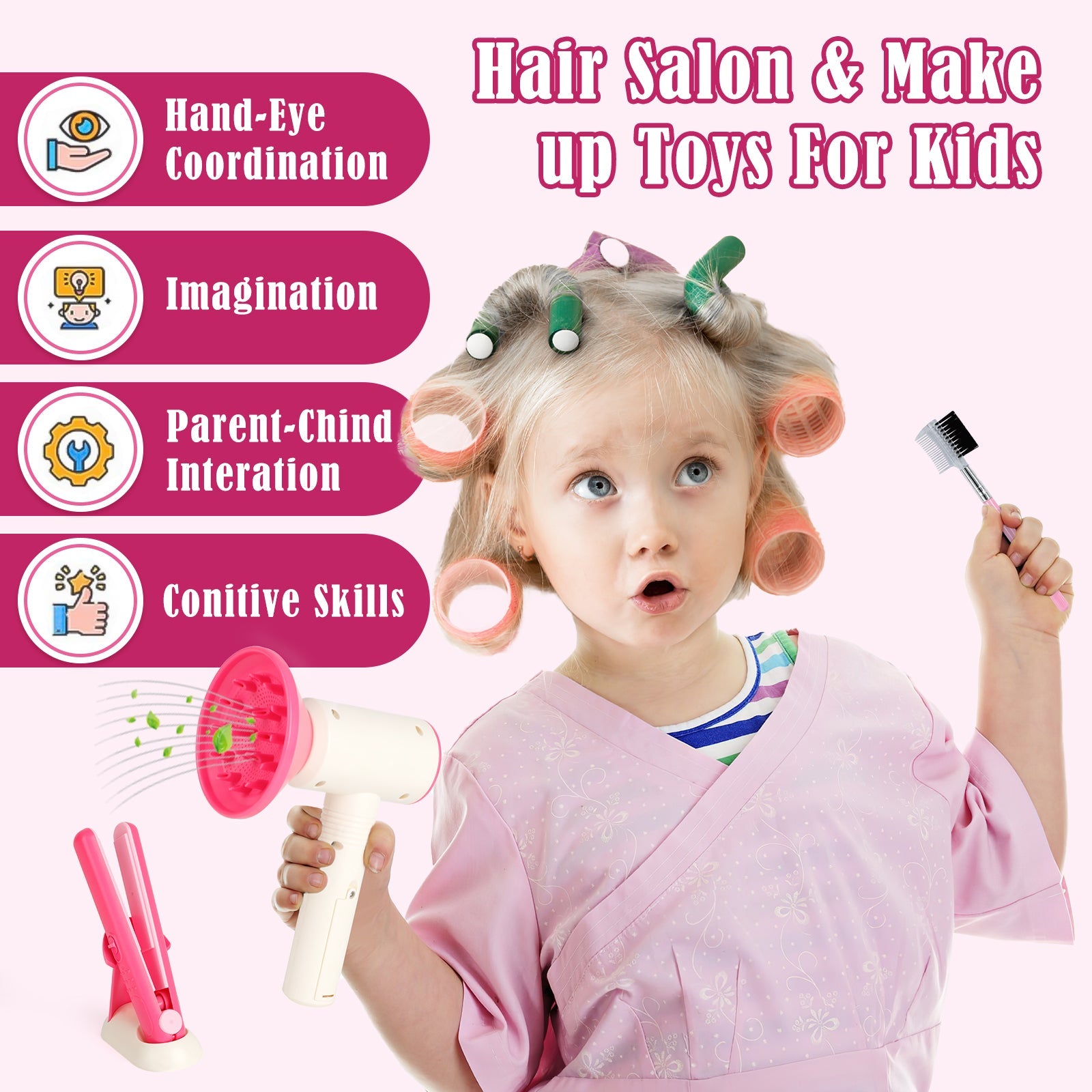 50Pcs Kids Makeup Set Girls Styling Beauty Fashion Kit Pretend Hairdressing Salon Toy Set Makeup Accessories Playset For Children