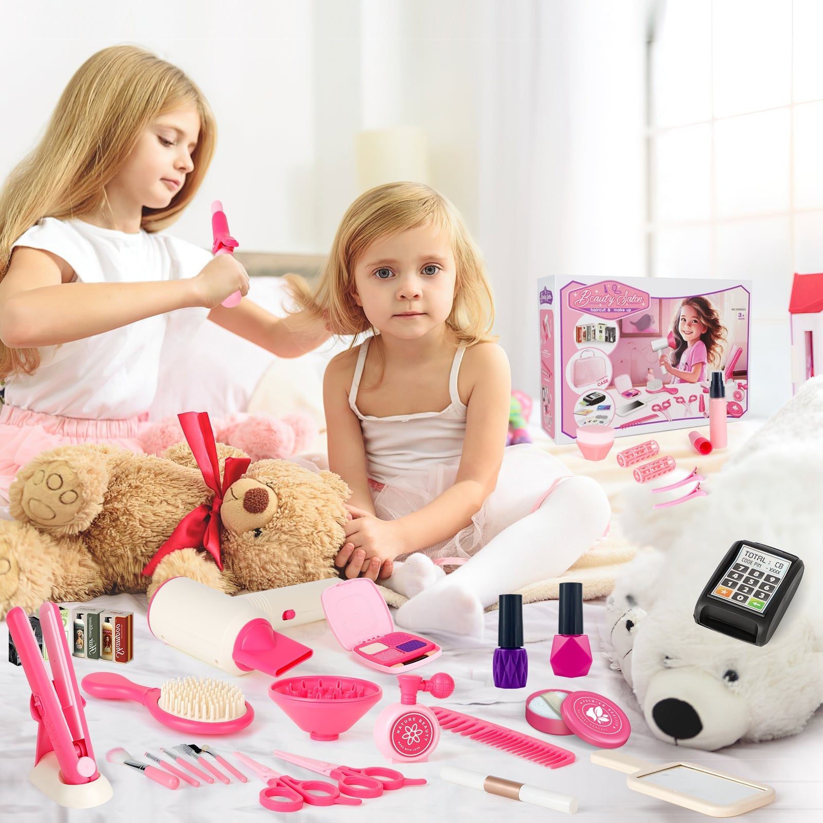50Pcs Kids Makeup Set Girls Styling Beauty Fashion Kit Pretend Hairdressing Salon Toy Set Makeup Accessories Playset For Children