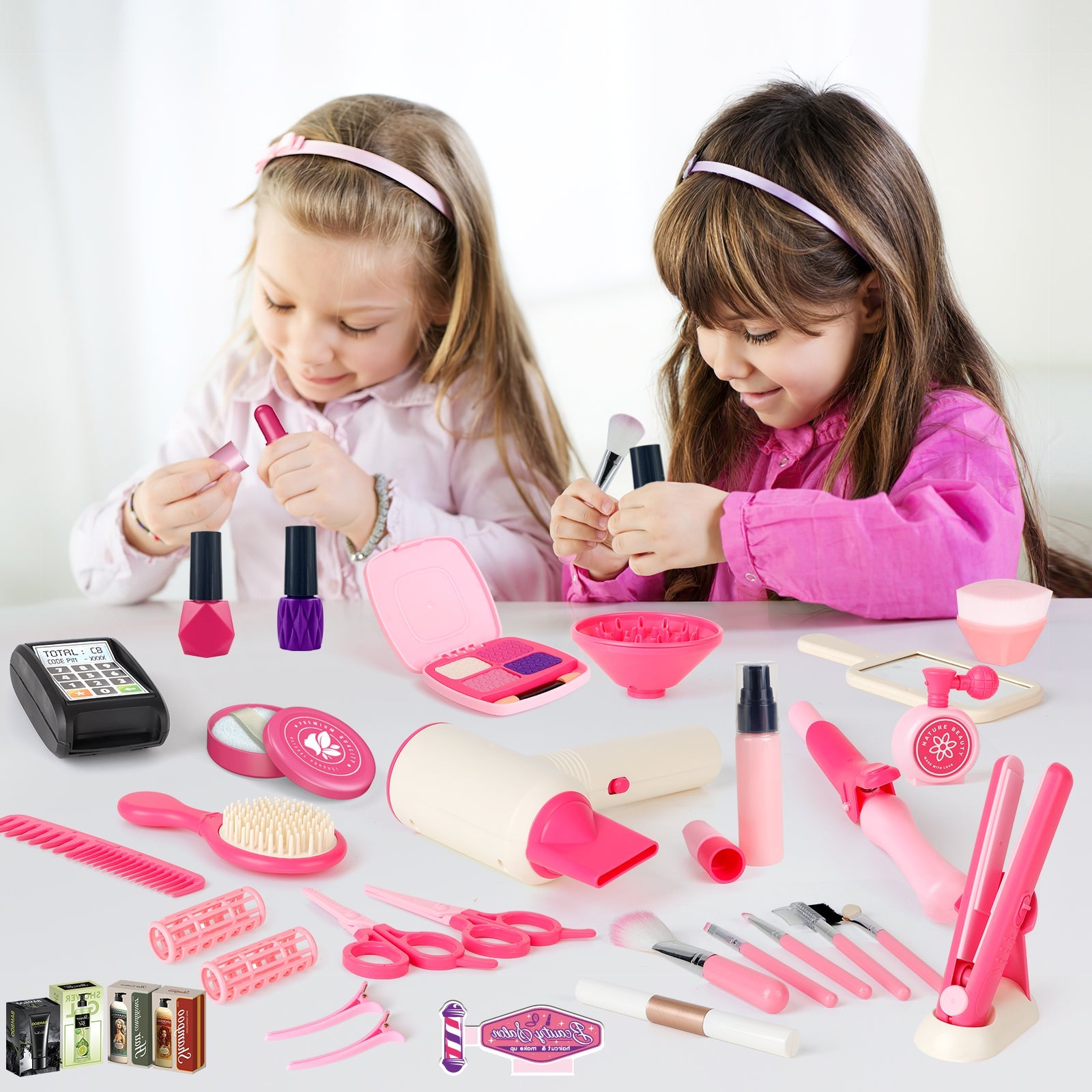 50Pcs Kids Makeup Set Girls Styling Beauty Fashion Kit Pretend Hairdressing Salon Toy Set Makeup Accessories Playset For Children