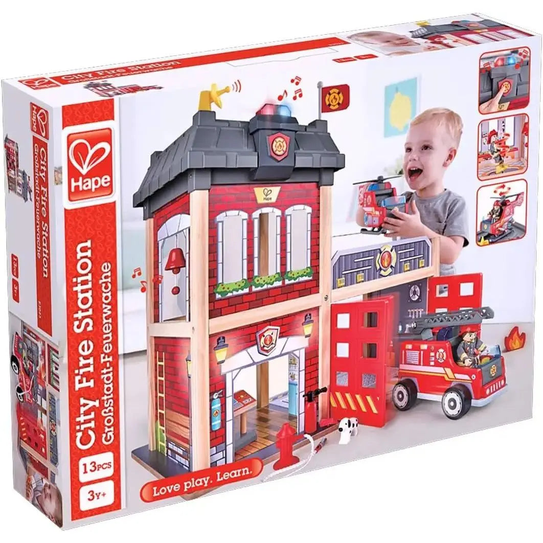 Fidtoy Wooden Fire Station Toy Kids Rescue Playset with Lights Sound