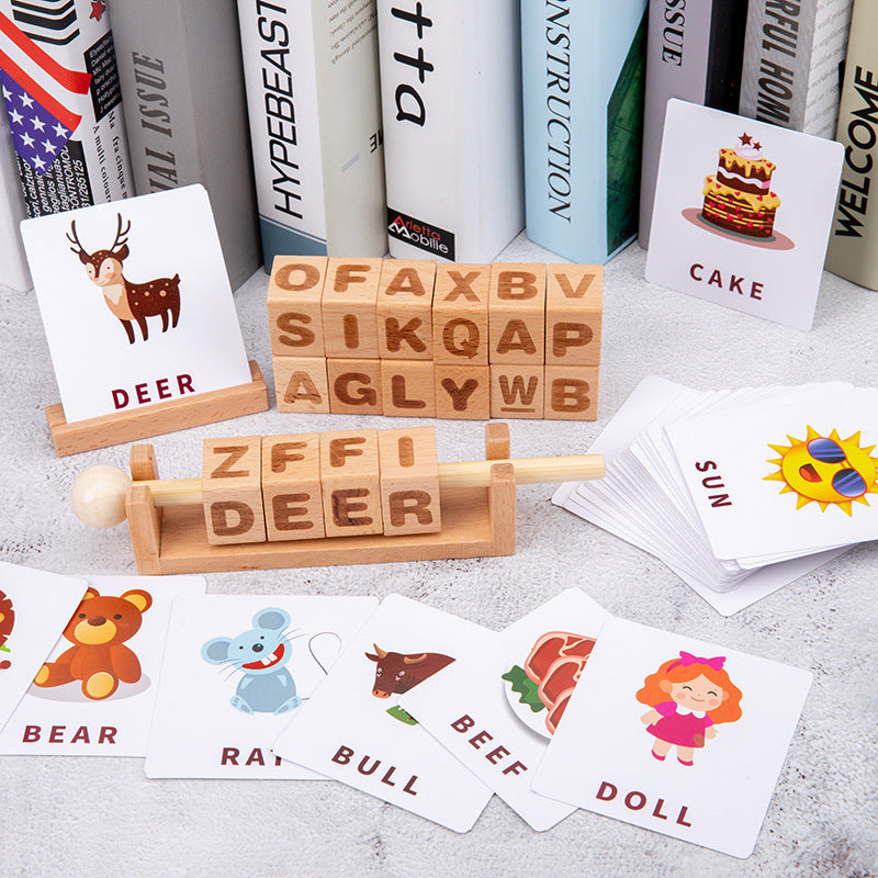 Wooden alphabet blocks spelling learning card and cubes for preschool kids excellent birthday gift