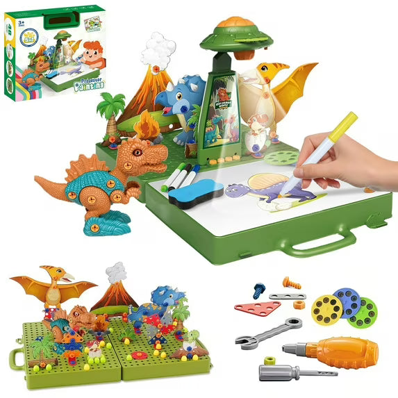 Fidtoy Projecteur de Dessin 5 en 1 avec Figurine Dinosaure à Monter, Jouet Projecteur de Dessin pour Enfants avec Puzzle 3D, Montage à Vis, Stylos Colorés et Tableau Réutilisable Âge 5+