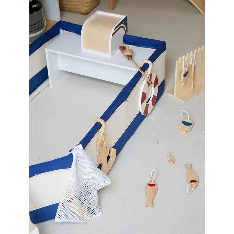 Wooden Fishing Boat Pretend Play Set for Kids – Montessori Ocean Adventure Toy with Rod, Fish & Accessories | Eduspark Toys