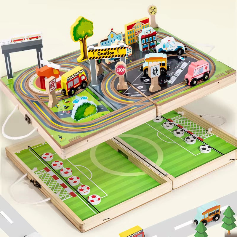 2-in-1 Wooden City Road & Soccer Play Set | Portable Foldable Activity Box for Kids | 18-Piece Vehicle & Building Playset | Montessori Travel Toy