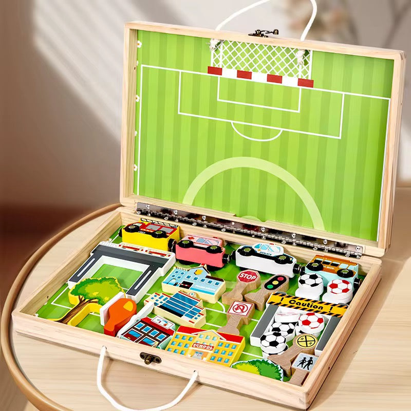 2-in-1 Wooden City Road & Soccer Play Set | Portable Foldable Activity Box for Kids | 18-Piece Vehicle & Building Playset | Montessori Travel Toy