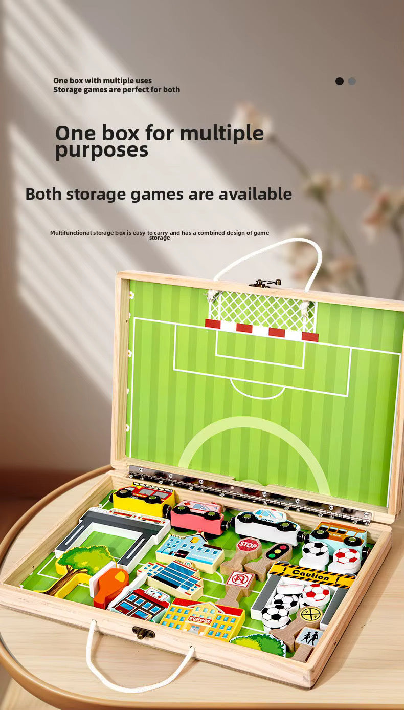 2-in-1 Wooden City Road & Soccer Play Set | Portable Foldable Activity Box for Kids | 18-Piece Vehicle & Building Playset | Montessori Travel Toy