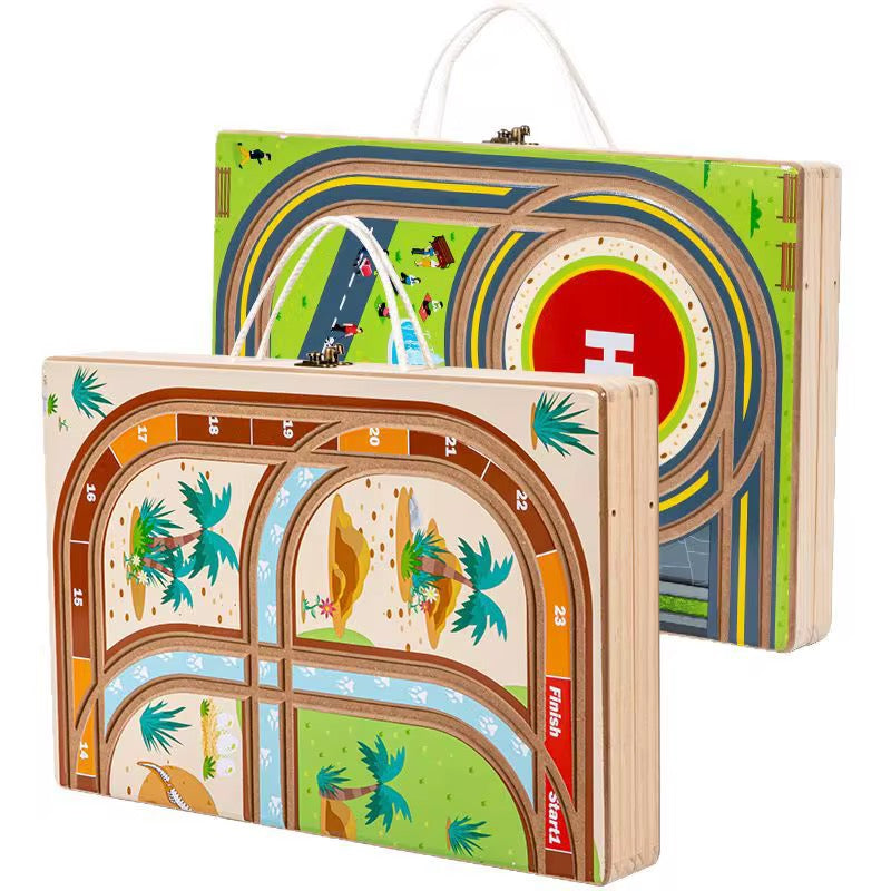 2-in-1 Wooden City Road & Soccer Play Set | Portable Foldable Activity Box for Kids | 18-Piece Vehicle & Building Playset | Montessori Travel Toy