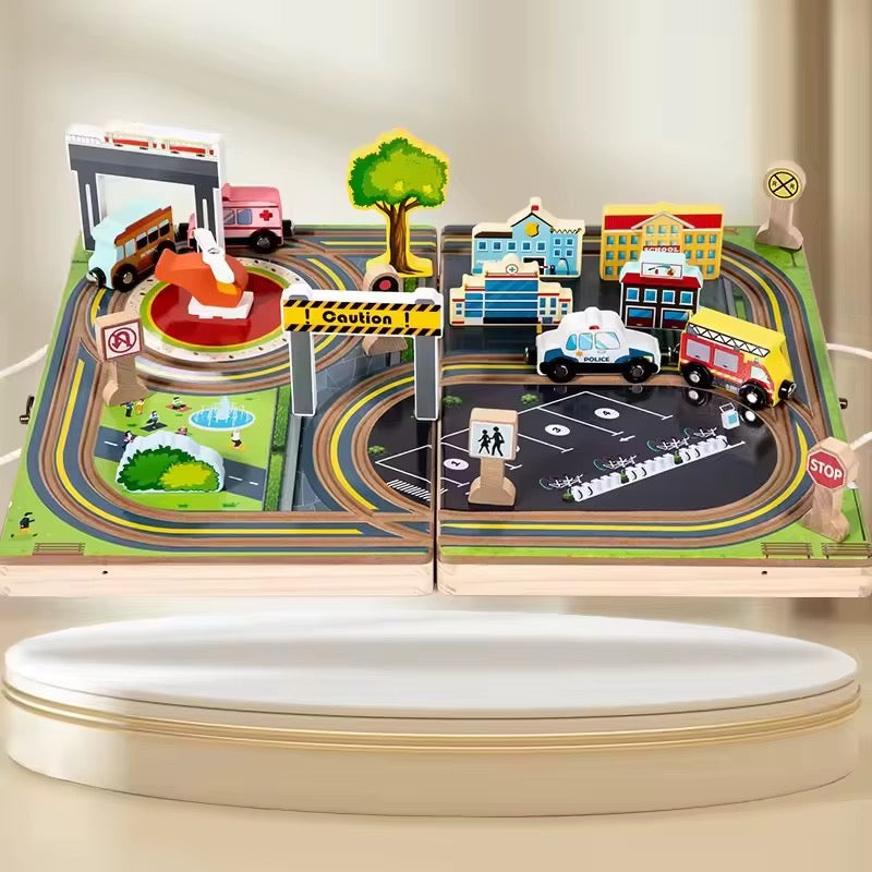 2-in-1 Wooden City Road & Soccer Play Set | Portable Foldable Activity Box for Kids | 18-Piece Vehicle & Building Playset | Montessori Travel Toy