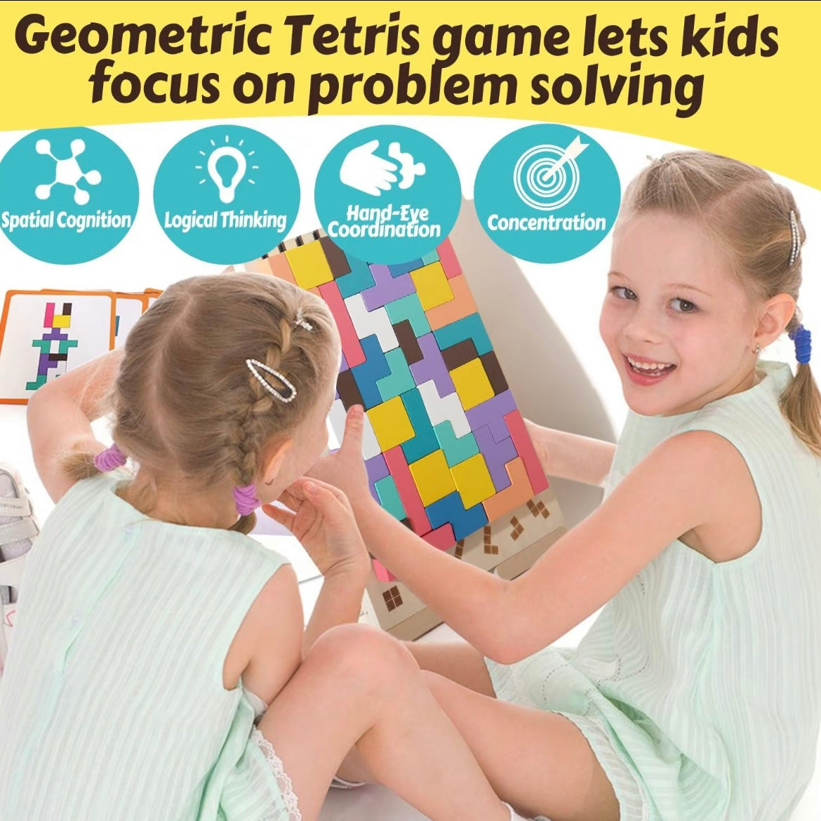 Wooden Sliding Puzzle Game – Montessori Brain Teaser with Challenge Cards for Kids