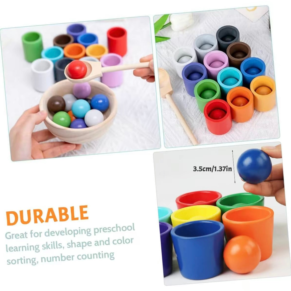 Wooden Rainbow Balls & Cups Matching Game – Montessori Color Sorting Toy for Toddlers 3+, Early STEM Learning & Fine Motor Skills