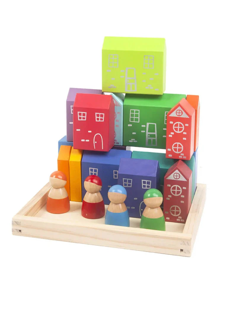 Wooden 4 Dolls and Rainbow Houses Town