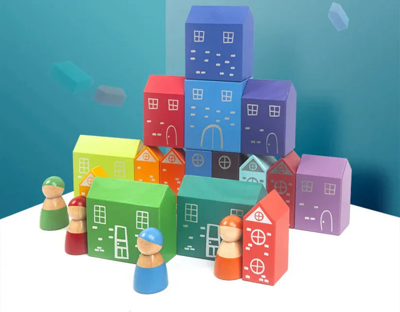 Wooden 4 Dolls and Rainbow Houses Town